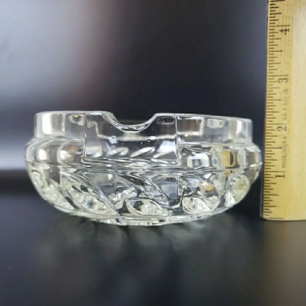 Vintage Cigar Tabletop Ashtray Clear Glass Etched Floral Leaf Band 3 Slots MCM